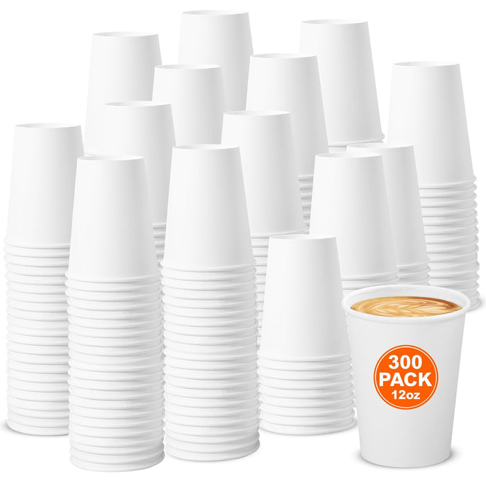iBasics Coffee Cups [12 oz 300 pack] - Disposable Hot Cups | White Paper Cup for Beverages | Ideal Paper Coffee Cups for Office, Events | Durable Paper Cups 12 oz Size for Hot Drinks