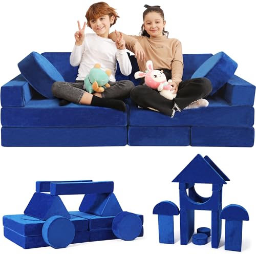Contour Comfort Kids Couch, 14 PC Modular Kids Play Couch Set – Convertible Kids Sofa Couch with Soft Foam Sofa Cushions | Kids Fort Couch, Kid Couch Play Room Furniture, Blue