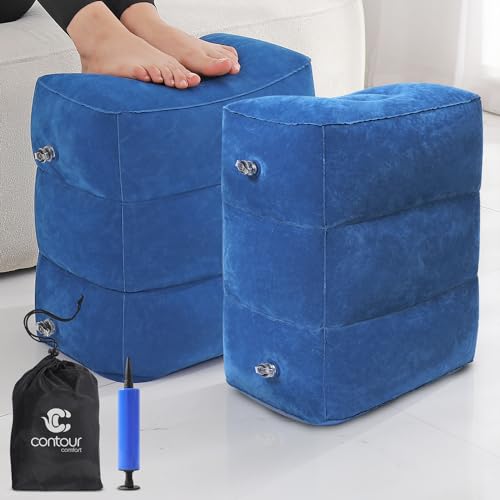 Inflatable Airplane Foot Rest with Hand Pump and Carry Bag, Travel Foot Rest | Airplane Chair Extender for Kids, Portable Airplane Bed for Toddler, 3 Adjustable Heights – Office, Car, Train,2Pack Navy