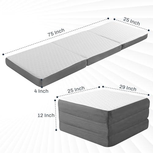 Single Tri Folding Mattress with Memory Foam Layer - Trifold Foldable Bed Mattress with Washable Cover | Non-Slip Bottom Camping Floor Mattress Perfect Guest Bed, Single 75" x 25" x 4"