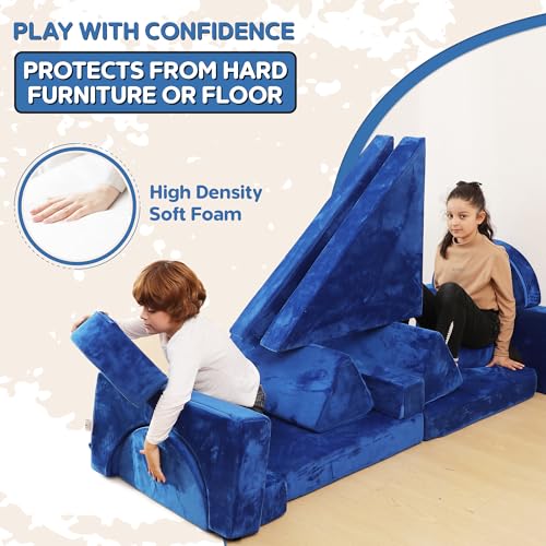 Contour Comfort Kids Couch, 14 PC Modular Kids Play Couch Set – Convertible Kids Sofa Couch with Soft Foam Sofa Cushions | Kids Fort Couch, Kid Couch Play Room Furniture, Blue