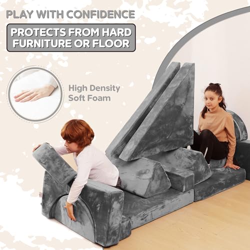 Contour Comfort Kids Couch, 14 PC Modular Kids Play Couch Set – Convertible Kids Sofa Couch with Soft Foam Sofa Cushions | Kids Fort Couch, Kid Couch Play Room Furniture, Grey