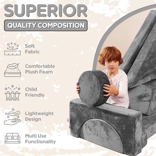 Contour Comfort Kids Couch, 14 PC Modular Kids Play Couch Set – Convertible Kids Sofa Couch with Soft Foam Sofa Cushions | Kids Fort Couch, Kid Couch Play Room Furniture, Grey