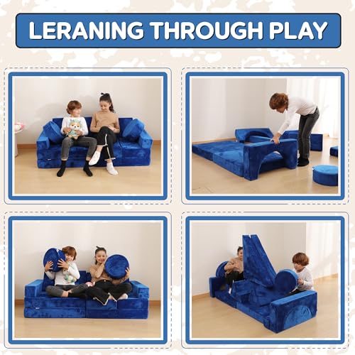 Contour Comfort Kids Couch, 14 PC Modular Kids Play Couch Set – Convertible Kids Sofa Couch with Soft Foam Sofa Cushions | Kids Fort Couch, Kid Couch Play Room Furniture, Blue