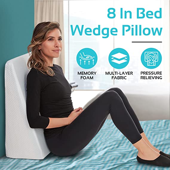 Wedge Pillow - 8 Inch Bed Wedge Pillow - 24 Inch Wide Incline Support Cushion for Lower Back Pain, Pregnancy, Acid Reflux, GERD, Heartburn, Allergies, Anti Snore – Soft Removable Cover