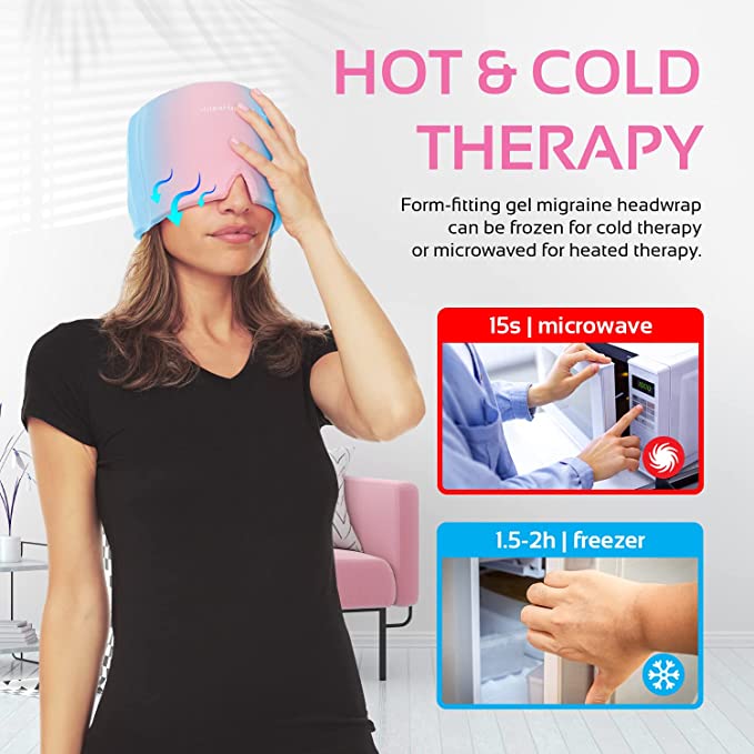 Migraine Relief Cap Ice Head Wrap Headache and Migraine Hat | Headache Relief with Hot/Cold Gel Head Ice Pack with Face and Eye Headache Mask Compress
