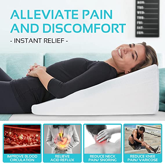 Wedge Pillow - 8 Inch Bed Wedge Pillow - 24 Inch Wide Incline Support Cushion for Lower Back Pain, Pregnancy, Acid Reflux, GERD, Heartburn, Allergies, Anti Snore – Soft Removable Cover