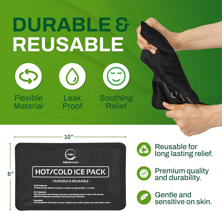 Reusable Ice Packs for Injuries - Soft Ice Pack with Velvet Fleece Fabric | Flexible Hot and Cold Gel Set for Knee, Back, Neck Pain | Black,  Green or Grey