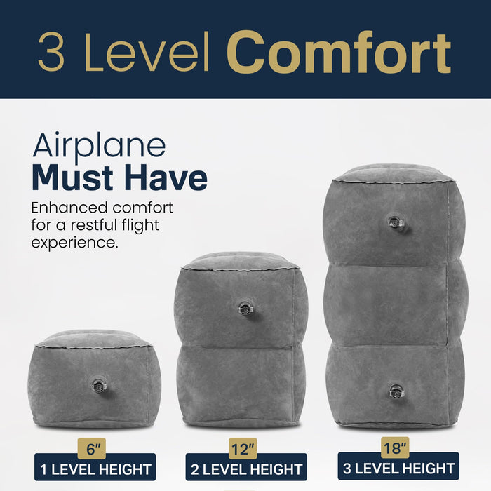 Inflatable Airplane Foot Rest with Hand Pump and Carry Bag, Travel Foot Rest | Airplane Chair Extender for Kids, Portable Airplane Bed for Toddler, 3 Adjustable Heights – Office, Car, Train,1Pack Grey