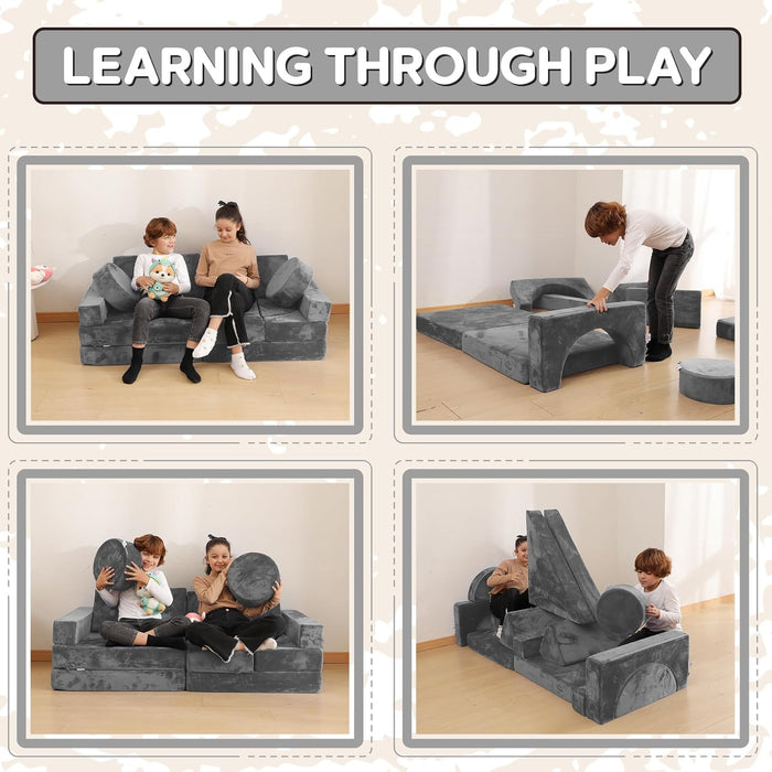 Contour Comfort Kids Couch, 14 PC Modular Kids Play Couch Set – Convertible Kids Sofa Couch with Soft Foam Sofa Cushions | Kids Fort Couch, Kid Couch Play Room Furniture, Grey