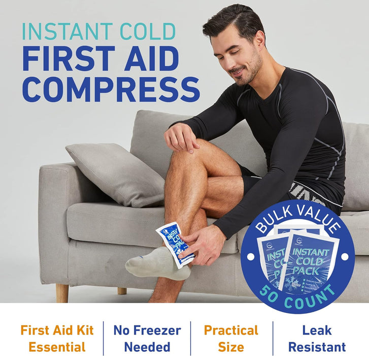50 Packs Instant Ice Cold Pack (6” x 4.5”) - Disposable Instant Ice Packs for Injuries | Cold Compress Ice Pack for Pain Relief, Swelling, First Aid, Toothache, Athletes & Outdoor Activities
