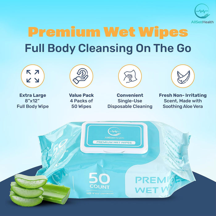 Body Wipes for Adults - XL Wet Wipes 8" x 12" (200 count) | Rinse Free Bathing Wipes - Wash Cloths for incontinence, Disposable Washcloths with Aloe Vera and Vitamin E - Camping, Elderly, Bathing