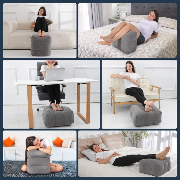 Inflatable Airplane Foot Rest with Hand Pump and Carry Bag, Travel Foot Rest | Airplane Chair Extender for Kids, Portable Airplane Bed for Toddler, 3 Adjustable Heights – Office, Car, Train,1Pack Grey