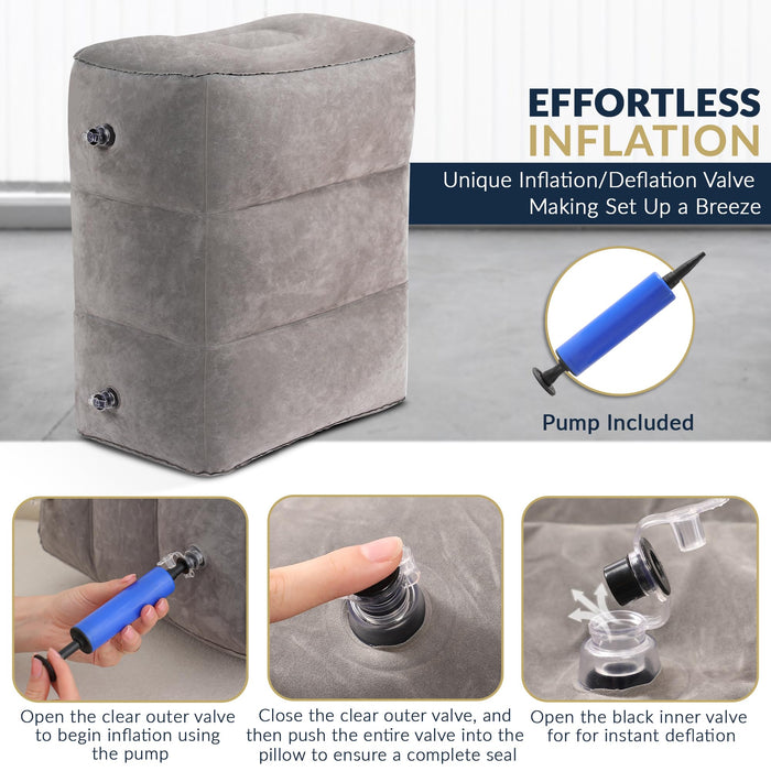 Inflatable Airplane Foot Rest with Hand Pump and Carry Bag, Travel Foot Rest | Airplane Chair Extender for Kids, Portable Airplane Bed for Toddler, 3 Adjustable Heights – Office, Car, Train,1Pack Grey