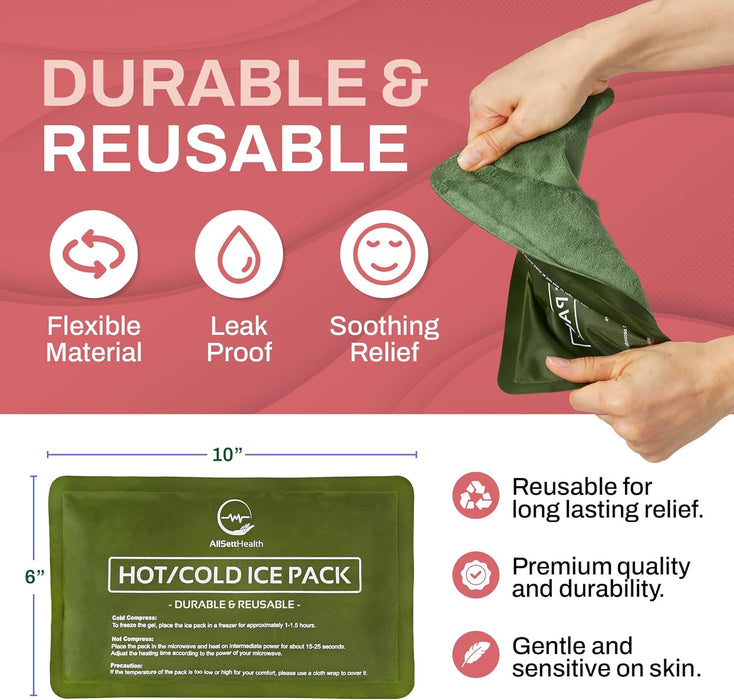 Reusable Ice Packs for Injuries - Soft Ice Pack with Velvet Fleece Fabric | Flexible Hot and Cold Gel Set for Knee, Back, Neck Pain | Black,  Green or Grey