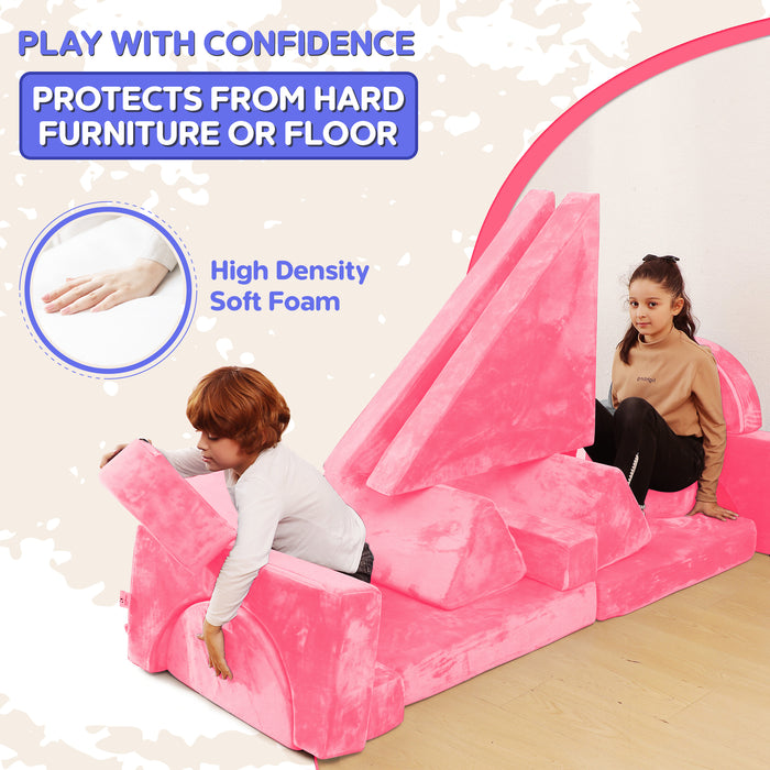Contour Comfort Kids Couch, 14 PC Modular Kids Play Couch Set – Convertible Kids Sofa Couch with Soft Foam Sofa Cushions | Kids Fort Couch, Kid Couch Play Room Furniture, Pink
