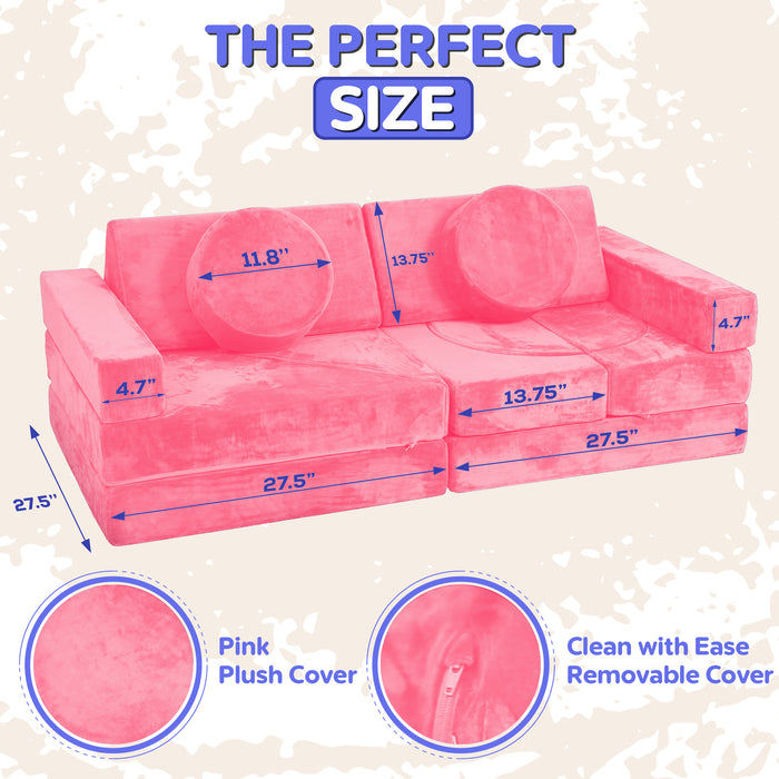 Contour Comfort Kids Couch, 14 PC Modular Kids Play Couch Set – Convertible Kids Sofa Couch with Soft Foam Sofa Cushions | Kids Fort Couch, Kid Couch Play Room Furniture, Pink