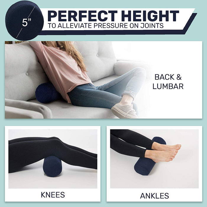 AllSett Health Bamboo Round Cervical Roll Cylinder Bolster Pillow with Removable Washable Cover, Ergonomically Designed for Head, Neck, Back, and Legs || Ideal for Spine and Neck Support, Navy