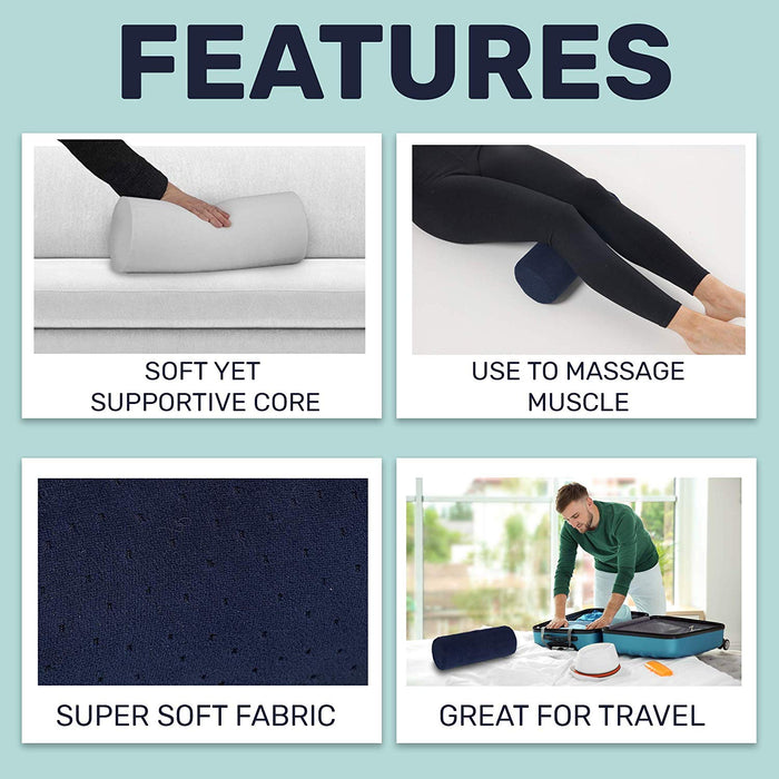 AllSett Health Bamboo Round Cervical Roll Cylinder Bolster Pillow with Removable Washable Cover, Ergonomically Designed for Head, Neck, Back, and Legs || Ideal for Spine and Neck Support, Navy