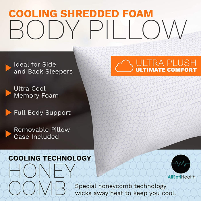 XXL Shredded Memory Foam Body Pillow | Long Cooling Bed Pillow For Adults - Extra Support For Side Sleepers and Pregnancy - Relieves Back Knee Hip Pain - 20" x 54” + Bonus Machine Washable Pillow Case