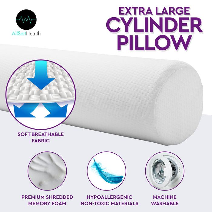 AllSett Health XXL Memory Foam Round Cervical Roll Cylinder Bolster Body Pillow with Removable Washable Cover | Ergonomically Designed Back, Neck and Spine Relief, 47” in Long x 7.5” Wide