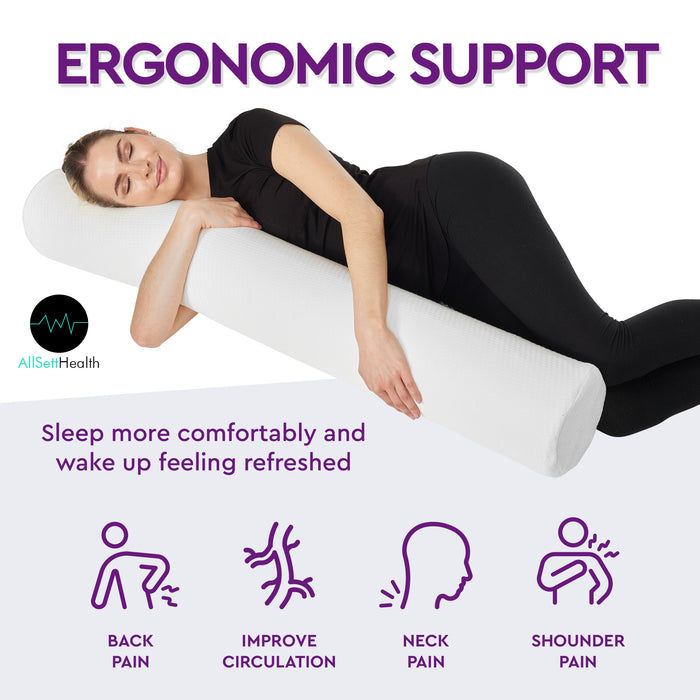 AllSett Health XXL Memory Foam Round Cervical Roll Cylinder Bolster Body Pillow with Removable Washable Cover | Ergonomically Designed Back, Neck and Spine Relief, 47” in Long x 7.5” Wide