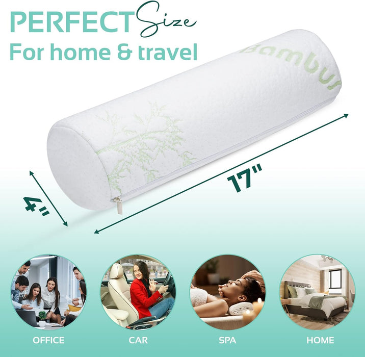 2 Pack Bamboo Cervical Neck Roll Memory Foam Pillow, Round Neck, Support for Sleeping | Bolster Pillow for Bed, Legs, Back And Yoga | 4 Inch Diameter x 17 Inches long