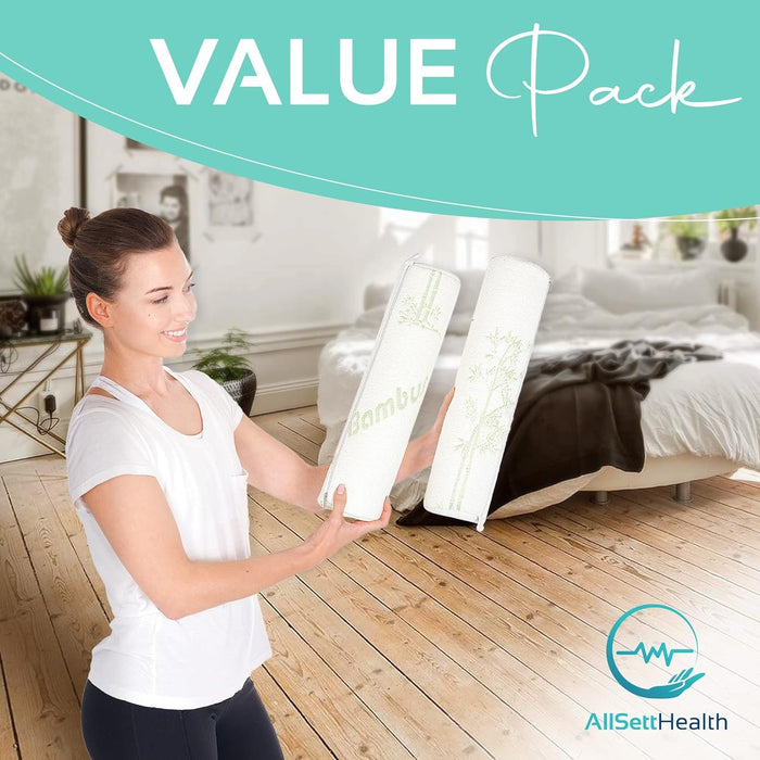 2 Pack Bamboo Cervical Neck Roll Memory Foam Pillow, Round Neck, Support for Sleeping | Bolster Pillow for Bed, Legs, Back And Yoga | 4 Inch Diameter x 17 Inches long