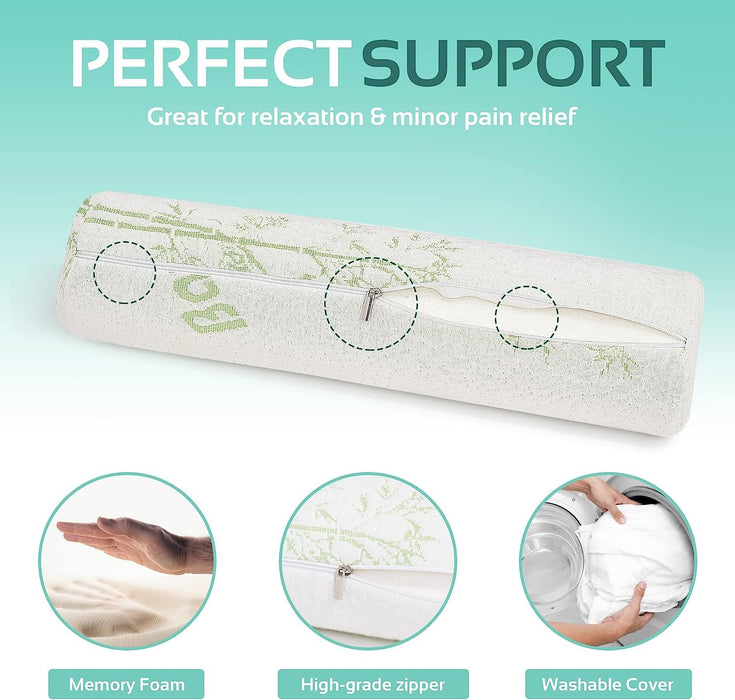 2 Pack Bamboo Cervical Neck Roll Memory Foam Pillow, Round Neck, Support for Sleeping | Bolster Pillow for Bed, Legs, Back And Yoga | 4 Inch Diameter x 17 Inches long