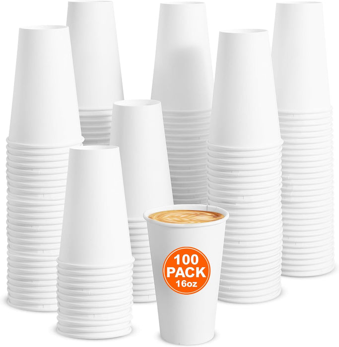IBASICS 16 oz Paper Coffee Cups [Case of 100] Large Disposable Hot Cups | Durable White Paper Cup for Beverages | Perfect for Home, Office, and Events, Multi-Purpose Coffee Cups 16 oz