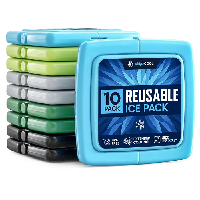 10 Pack Reusable Slim Ice Packs for Cooler, Long Lasting Freezer Packs for Camping, Beach, and Road Trips, Cooler Ice Packs BPA-Free Non-Toxic, 4.8" x 4.8"