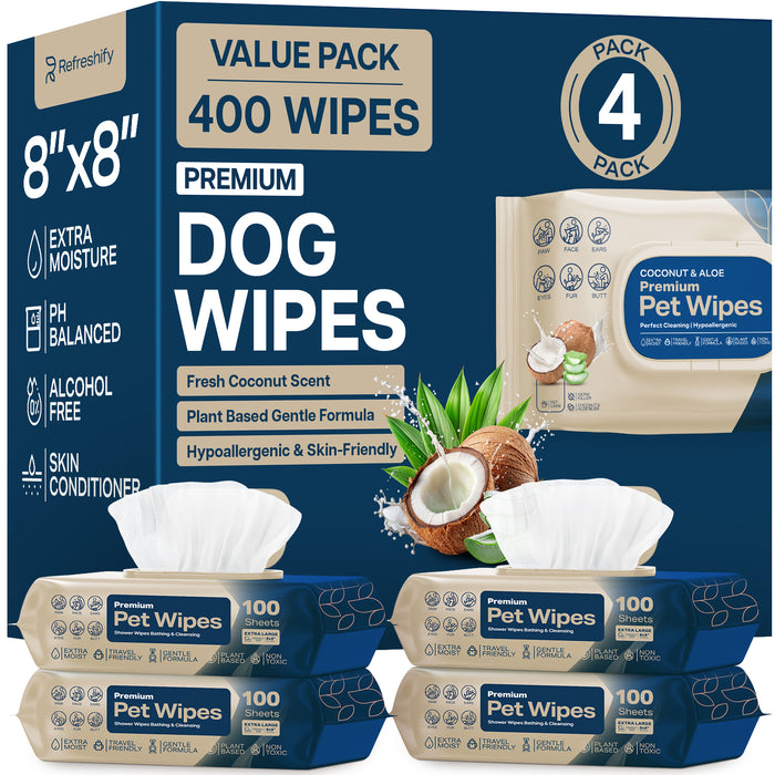 REFRESHIFY Dog Wipes for Paws and Butt - Coconut Scented (Pack of 400) - Pet Wipes for Dogs and Cats - Deodorizing Non Toxic Dog Wipes, +12 Additional Travel Wipes