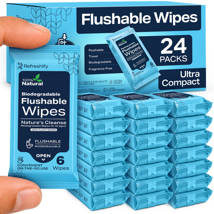 144 Count Mini Flushable Wipes Travel Size - Pocket Mini Wipes, 24 PK