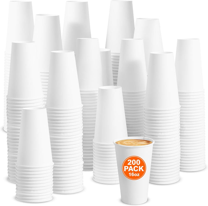 IBASICS 16 oz Paper Coffee Cups [Case of 200] Large Disposable Hot Cups | Durable White Paper Cup for Beverages | Perfect for Home, Office, and Events, Multi-Purpose Coffee Cups 16 oz