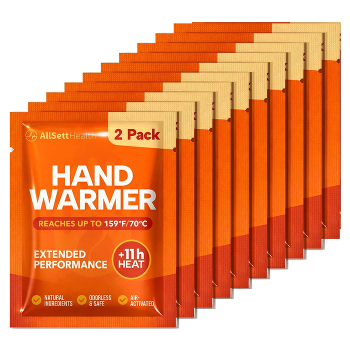 AllSett Health Hand Warmers 10 Pairs (20 Warmers), 11 Hour Air-Activated Disposable Heat Packs for Pockets & Gloves, Odorless Portable Warmers for Skiing, Hunting, Camping, Fishing & Winter Sports