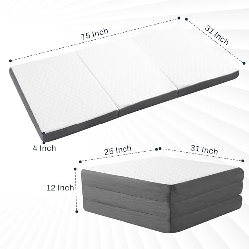 Twin Tri Folding Mattress with Memory Foam Layer - Trifold Foldable Bed Mattress with Washable Cover | Non-Slip Bottom Camping Floor Mattress Perfect Guest Bed, Twin Size Mattress 75" x 38" x 4"