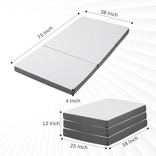 Cot Tri Folding Mattress with Memory Foam Layer - Trifold Foldable Bed Mattress with Washable Cover | Non-Slip Bottom Camping Floor Mattress Perfect Guest Bed, Cot Bed Mattress 75" x 31" x 4"