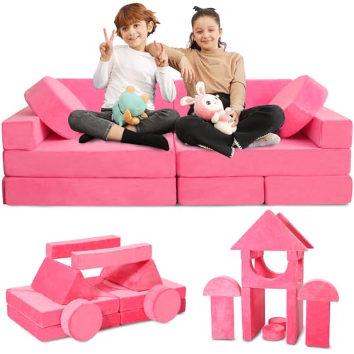 Contour Comfort Kids Couch, 14 PC Modular Kids Play Couch Set – Convertible Kids Sofa Couch with Soft Foam Sofa Cushions | Kids Fort Couch, Kid Couch Play Room Furniture, Pink