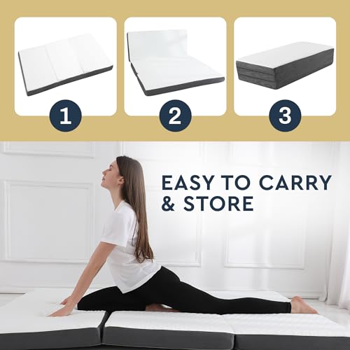 Queen Tri Folding Mattress with Memory Foam Layer - Trifold Foldable Bed Mattress with Washable Cover | Non-Slip Bottom Camping Floor Mattress Perfect Guest Bed, Queen Size Bed 78" x 58" x 4"