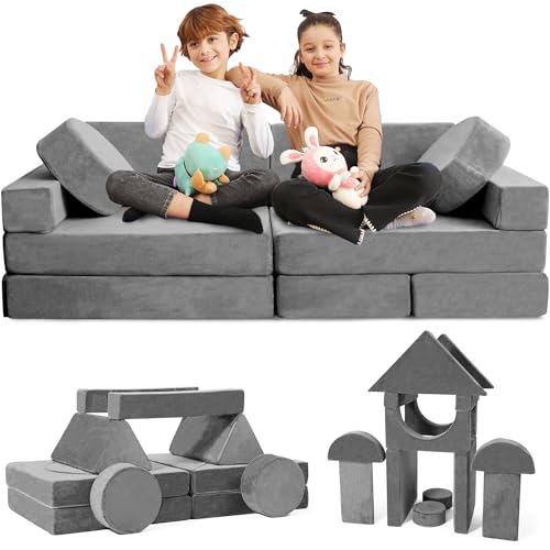 Contour Comfort Kids Couch, 14 PC Modular Kids Play Couch Set – Convertible Kids Sofa Couch with Soft Foam Sofa Cushions | Kids Fort Couch, Kid Couch Play Room Furniture, Grey