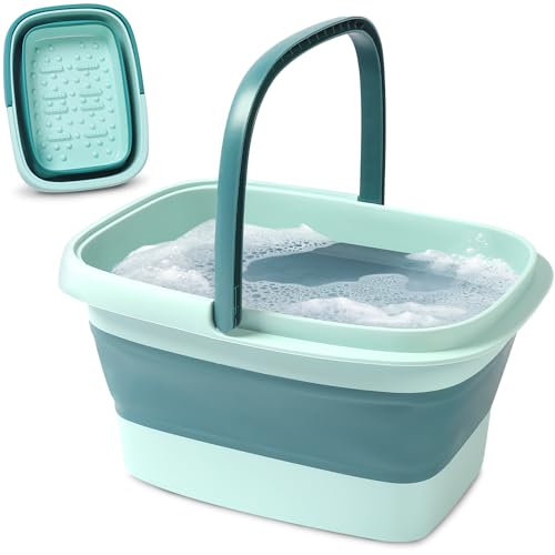 Collapsible Foot Bath – Advanced Foot Soaking Tub with Portable Design and Handle – Foldable Pedicure Foot Spa Bowl – Compact and Lightweight Foot Soak with Acupressure Points, Green and Blue