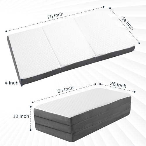 Full Tri Folding Mattress with Memory Foam Layer - Trifold Foldable Bed Mattress with Washable Cover | Non-Slip Bottom Camping Floor Mattress Perfect Guest Bed, Full 75" x 54" x 4"