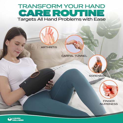 Luxura Wellness Hand Massage – Versatile and Comfortable Hand Massager with Heat and Compression – Complete Hand Therapy Solution with 6 Level Pressure Points – Cordless Hand Massager Tool