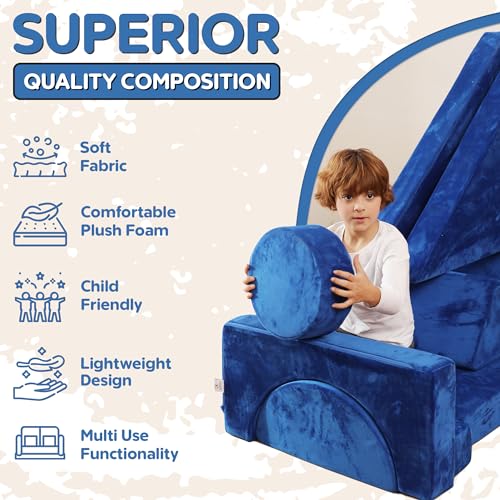 Contour Comfort Kids Couch, 14 PC Modular Kids Play Couch Set – Convertible Kids Sofa Couch with Soft Foam Sofa Cushions | Kids Fort Couch, Kid Couch Play Room Furniture, Blue