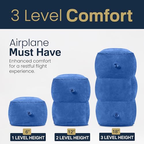 Inflatable Airplane Foot Rest with Hand Pump and Carry Bag, Travel Foot Rest | Airplane Chair Extender for Kids, Portable Airplane Bed for Toddler, 3 Adjustable Heights – Office, Car, Train, Blue