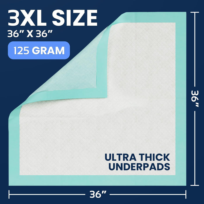 50 Pack Incontinence Bed Pads Disposable for Adults 125 Gram - 3XL 36" x 36" Super Absorbent Waterproof Bed Liner, Pee Pads for Adults - Chucks Pads