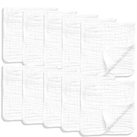 AllSett Health 10 Pack Muslin Burp Cloths Large 20" by 10" 100% Cotton, Hand Wash Cloth 6 Layers Extra Absorbent and Soft White