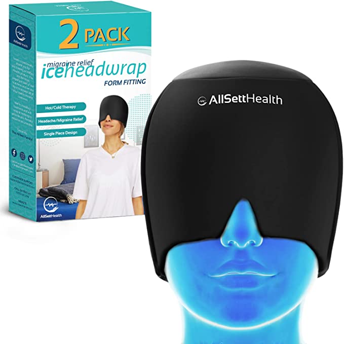 2 Pack - Migraine Relief Cap Ice Head Wrap Headache and Migraine Hat | Headache Relief with Hot/Cold Gel Head Ice Pack with Face and Eye Headache Mask Compress, 2 pack black