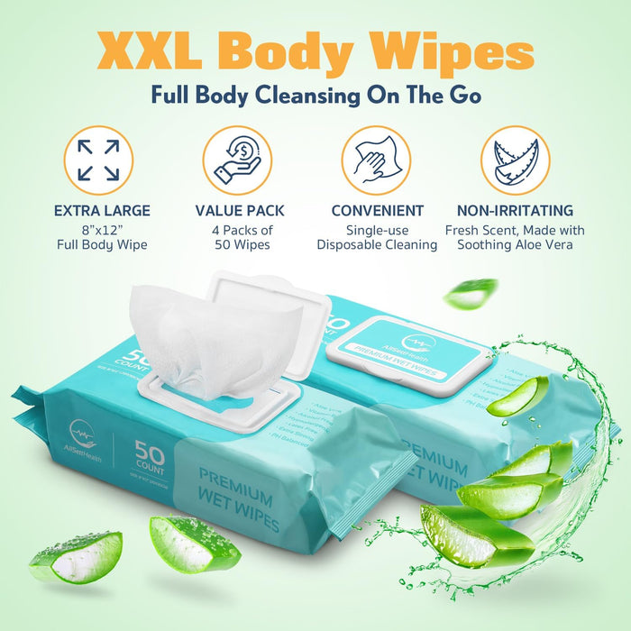 Body Wipes for Adults - XL Wet Wipes 8" x 12" (200 count) | Rinse Free Bathing Wipes - Wash Cloths for incontinence, Disposable Washcloths with Aloe Vera and Vitamin E - Camping, Elderly, Bathing