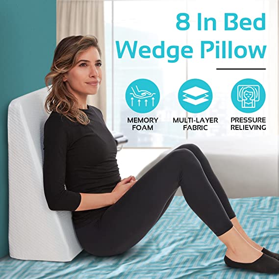 Wedge Pillow - 8 Inch Bed Wedge Pillow - 24 Inch Wide Incline Support Cushion for Lower Back Pain, Pregnancy, Acid Reflux, GERD, Heartburn, Allergies, Anti Snore – Soft Removable Cover,  Standard Width 8" Height